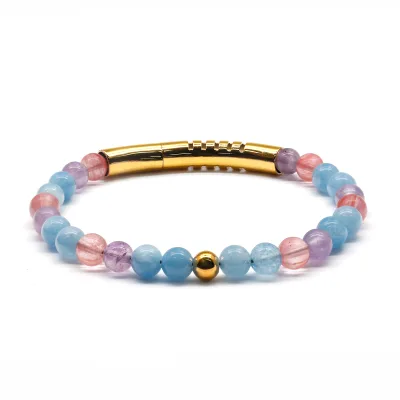 Fashion Perfume Bracelet Unisex 8mm Round Aquamarine Mixed 316L Stainless Steel Silver Plated Handmade Magnetic Beads Bracelet