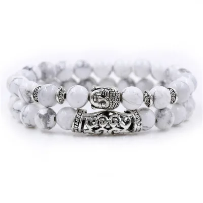 Custom 2pcs/set Silver Buddha Head and Lava Skeleton Turquoise Natural Stone Bracelet Fashion Bangles for Women and Men