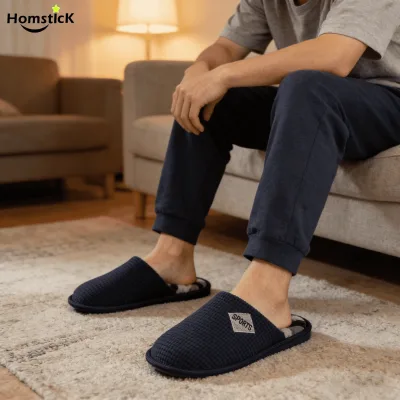 Men's Winter Warm Waffle Knit Closed Toe Sport Slippers with Plush Wool Lining Anti-Slip Outsole & Thick Sole-Wholesale OEM