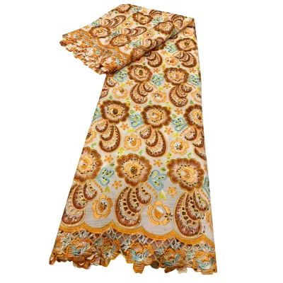 Gold Brown Multicolor Paisley Flower Chiffon Embroidery Lace Glitter Sequined Cutwork Edge Lace African Ceremonial Attire Fabric