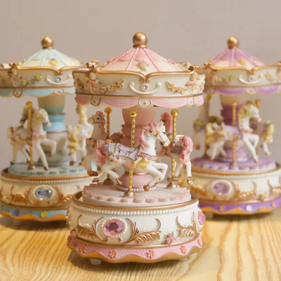 Holiday Gift Mini Colorful LED Resin Merry-go-round Musical Box Carousel Music Box Clockwork Music Box