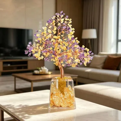 Natural crystal money tree hand-wrapped copper wire gemstone tree with transparent acrylic square base for home desk decor