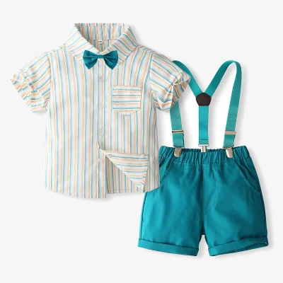 Kids Summer Boys Suit for Birthday Wedding Party Formal Striped Cotton Shirt Outfit 100% Cotton Special Occasions