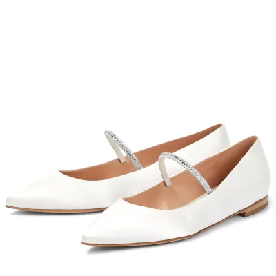 White Bride Satin Ballerina Slippers Mary Jane Shoes Pointed Ballet Flats for Weddings