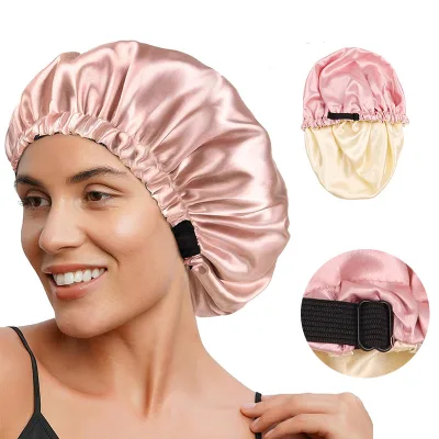 Wholesale Double-layer Satin Weave Adjustable Polyester One Size Sleep Cap Reversible Two-sided Flat-opening Faux-silk Hair Care