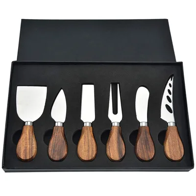 Wholesale Wooden Handle 6 Pieces Fork Butter Cheese Knives Picnic Acacia Cheese Knife Set