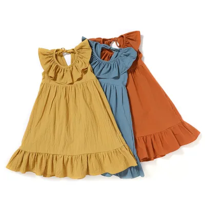 Summer New Solid Color Cotton Linen Loose Comfortable Pleated Skirt Pleated Sleeveless Skirt for Baby Girl Dresses