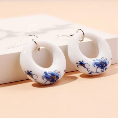Ceramic Jewelry Ethnic-style Blue-and-white Porcelain Earrings S925 Silver Hooksnewest Design Simple Gift Students Unisex Ear