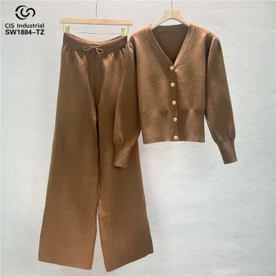 Autumn and Winter Ladies Casual Two-Piece Suit V-Neck High Collar Button Cardigan Decoration and Long Pants Sweater Set