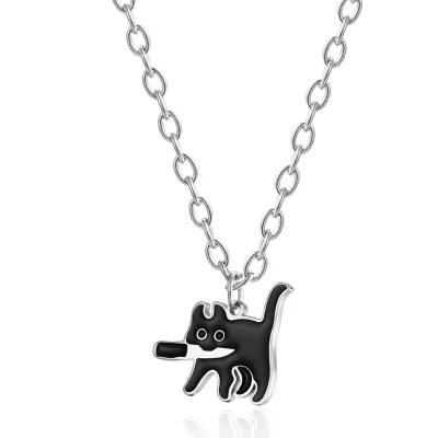 Funny Cartoon Jewelry Knife Cat Pendant Male and Female Cool Personality Black Enamel Cute Cat Necklace