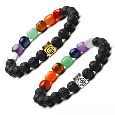 Electroplate Block OM 8mm Natural Stone Volcano Shape Seven Chakras Yoga Beads Bracelet