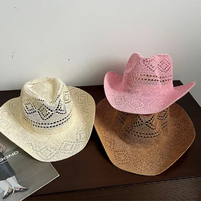 Summer Hollow Out Woven Roll up Summer Sun Hat Knitted Western Cowboy Cowgirl Hat