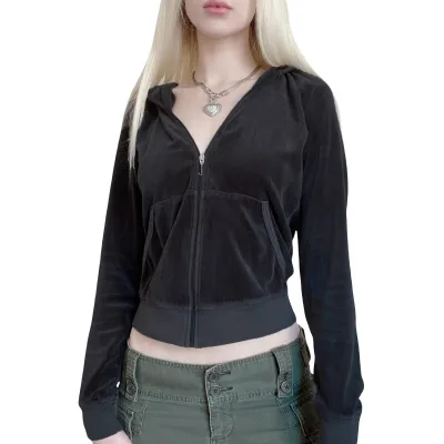 Wholesale Custom Rhinestone Women's Hooded Coat Long Sleeve Zipper Pockets  Fall Spring Street Casual Loose Short Velvet Coat