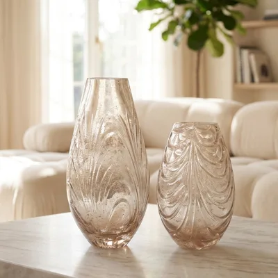 Modern Light Luxury Decorative Glass Vase Hand Blown Amber Gold with Sculptural Vein Pattern Bud Vases for Living Room Display