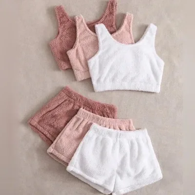 Solid Flannel Tank Top Lounge Shorts Lounge Set Summer Women Casual Two 2 Piece Set