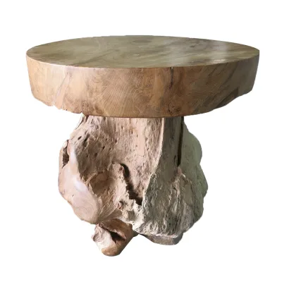 Rustic Charm Teak Round Table with Mushroom Shape, Weathered Finish and Tree Trunk Base for Outdoor Restaurant and Living Room