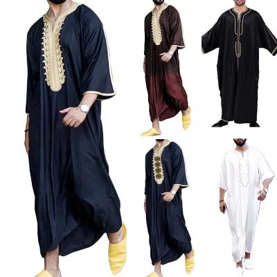2025 Summer Men's Loose V-neck Middle Eastern Print Muslim Robe for Men