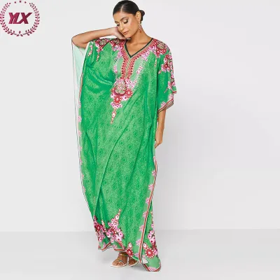 Robe Marocain Silk Digital Printed Dubai Dress Beach Cover up Kaftan