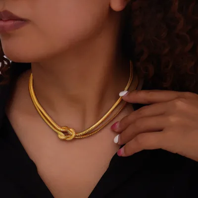 Fancy Day Summer Popular Stainless Steel Chain Necklace Waterproof 18k Gold Plated Knot Layers Choker Snake Necklace for Girls