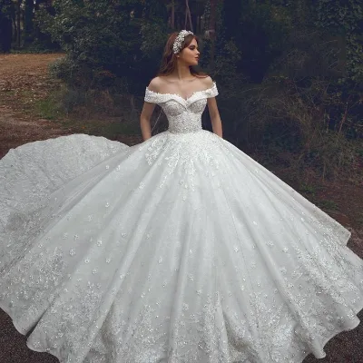 High Quality Long Tail Off Shoulder Ball Gown Bling Beaded Wedding Dress