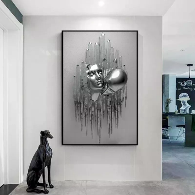 Abstract Couple Sculpture Canvas Painting Red Heart Metal Statue Posters Lovers Wall Art Picture for Living Room Home Decoration