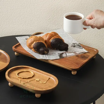 Natural Acacia Wood Serving Plate with Feet Pedestal Wooden Tray for Bread Coffee Dessert Jewelry Display Tray Home Cafe Decor