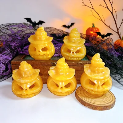 Wholesale Natural Yellow Calcite Halloween Witch Hat Pumpkin Skulls Lamp Crystal Carvings for Decor Gifts