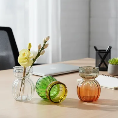 Modern Handmade Wide Mouth Lightweight Gourd Shape Vertical Stripe Custom Gradient Glass Wedding Home Decoration Floor Vase