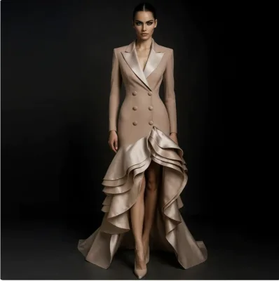 Khaki Nude Blazer Evening Gown Double Breasted High Low Ruffle Maxi Party Dress With Custom Design Service