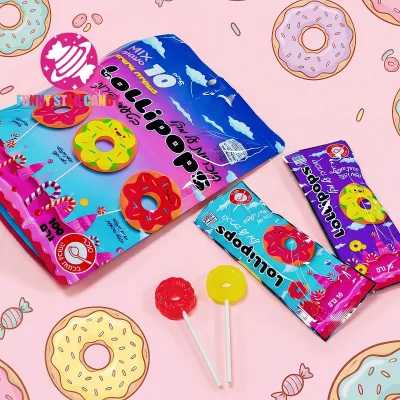 New Fruity Doughnut Lollipops OEM Dessert Decoration Donut Shaped Sweet Hard Candy Lollipop for Kids