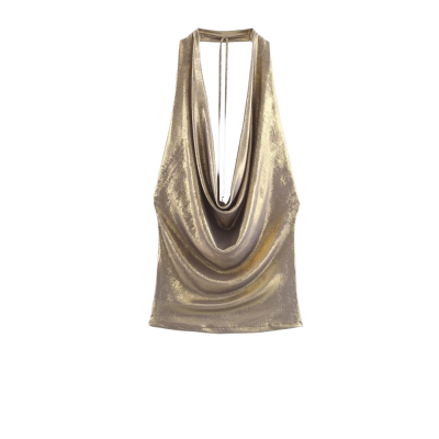 PB&ZA Cross-Border Source 2025 Winter New Cute Slim Fit Polyester Backless Shiny Fabric Draped Halter Top