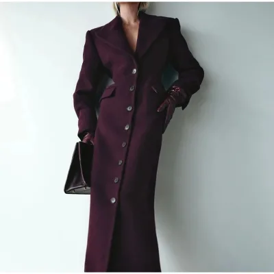 Winter Women's Waterproof Worsted 100% Polyester Fleece Coat Full Sleeve Single Breasted Plain Dyed Button Elegant Temperament