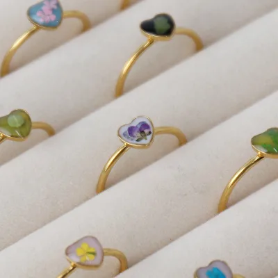 Stainless Steel Gold Plated Eternal Flower Open Rings Jewelry Party Gift Sweet Resin Dried Flower Ring