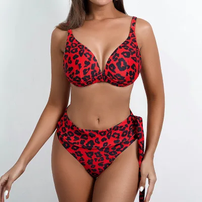 Crimson Leopard Print Bikini Set Sexy Swimwear & Beach Wear Underwear Push up Swimsuit Female BeachwearSwimming Bikini With Ties