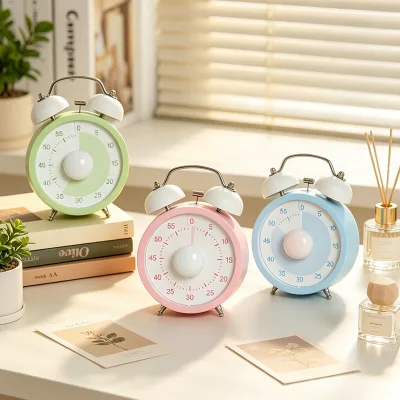 Huayang 690 Mechanical Kitchen Timer 60 Minute Visual Countdown Bell Timer with Twin Bell for Cooking Study Classroom Desk