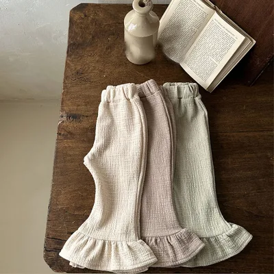 Korean Version INS Style Slim Trousers for Infants and Children Spring and Autumn Crimping Bell Bottoms Cotton Fabric