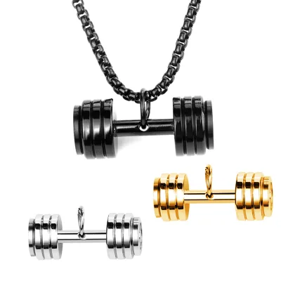 Top Seller Gold Black Silver Stainless Steel Material Fitness Barbell Dumbbell Necklace for Men Jewelry