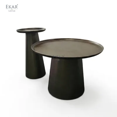 Modern Round Metal Coffee Table Set Antique Bronze Cone Base Nesting Side End Table Living Room Furniture