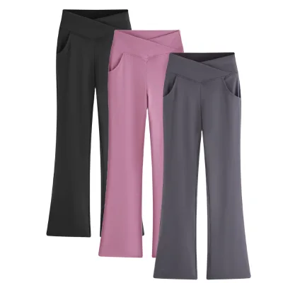 2025 CT00005 5 Colors Girls All Season Casual Flared Pants with Pockets High-Stretch Sporty Leisure Yoga Workout Leggings Pants