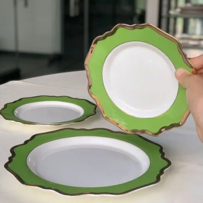 Green dinnerware ceramic gold plates porcelain wedding dinner plates set