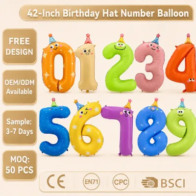 Wholesale 40 Inch Large Number Foil Balloon with Birthday Hat Cute Cartoon Expressions for Kids Birthday Party Decor 0-9