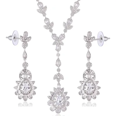 CM Jewelry Wholesale OEM Fashion Jewelry for Women Latest Unique Full Diamond Water Drop Rhodium Plated Wedding Wear Jewelry Set