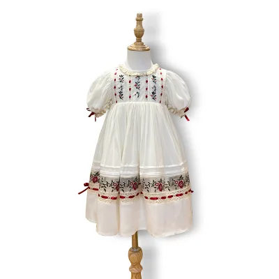 Red Embroidered Heirloom Dress Girls Floral Pattern Rayon Formal Gown Kids Casual Dress