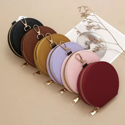 Portable PU Leather Ladies Zipper Coin Purse Fashion Litchi Texture Round Wallets Multifunctional Earphone Pouch for Daily