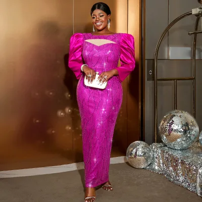 Christmas Cut Out Long Lantern Sleeves Lady Glitter Sequin Party Gown