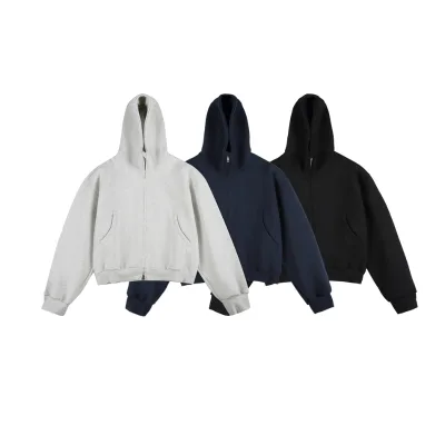 OEM Double Hood Heavyweight Oversized Boxy Zip up Zippered Crop Hoodie Men Drop Shoulder Streetwear hoodie 100% cotton