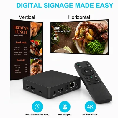 Custom Logo Quad Core Android 14 Digital Signage Media TV Box 4K Commercial Display for 7/24 Hours with PoE