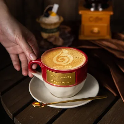 Custom Logo 335ml Espresso Coffee Cups and Saucers Sets Arabic Ceramic Coffee Tea Cups