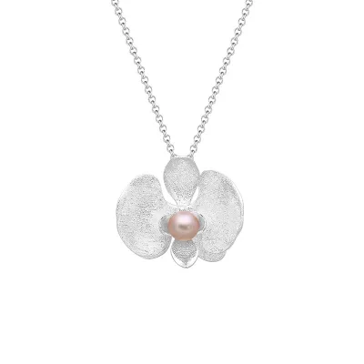 New Design Elegant 925 Sterling Silver Butterfly Orchid Fashion Flower Pearl Pendant
