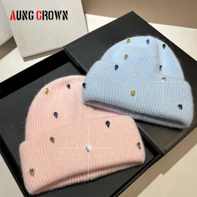 Wholesale Customize Winter Cuffed Knitted Hat Women Beanies Rabbit Fur Beanie Hats Rhinestone Beanie